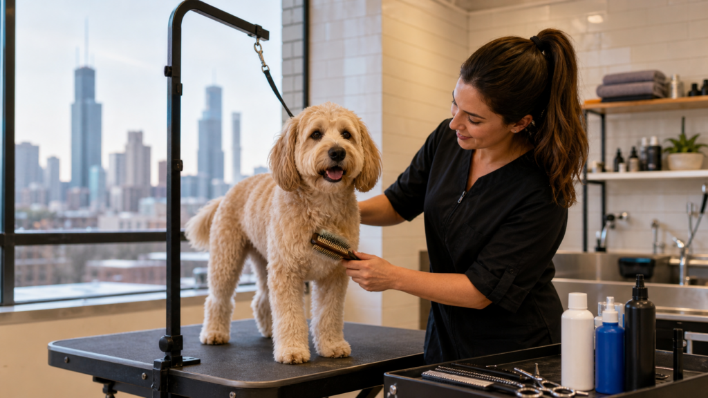 Dog grooming in Chicago with a calm groomer brushing a dog in a clean grooming room