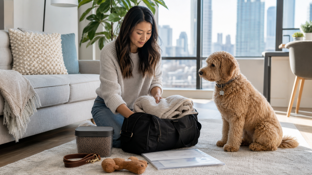 Pet parent packing a dog boarding checklist before a first overnight stay