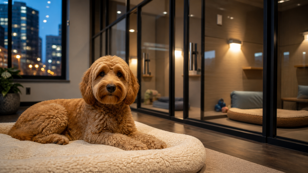 A calm dog resting in a warm private boarding suite at a pet resort